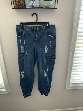 Fashion Nova Dark Blue Distressed Boyfriend Cargo Jeans